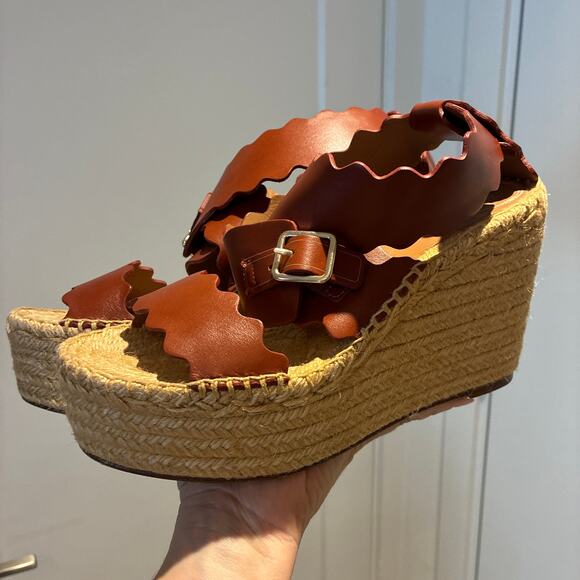 Chloé Brown Lauren Scalloped Leather Espadrille Wedge Sandals Sz 40 - Picture 6 of 13